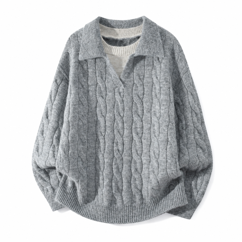 VAREN FORM Cable Knit Open Collar Sweater light grey product front