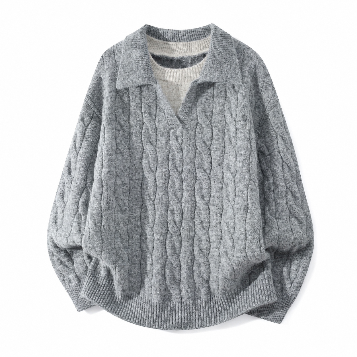 VAREN FORM Cable Knit Open Collar Sweater light grey product front