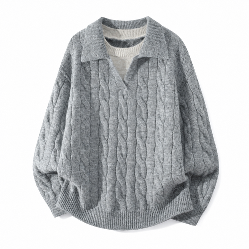 VAREN FORM Cable Knit Open Collar Sweater light grey product front