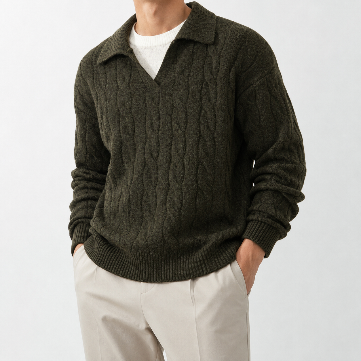 VAREN FORM Cable Knit Open Collar Sweater olive green model front