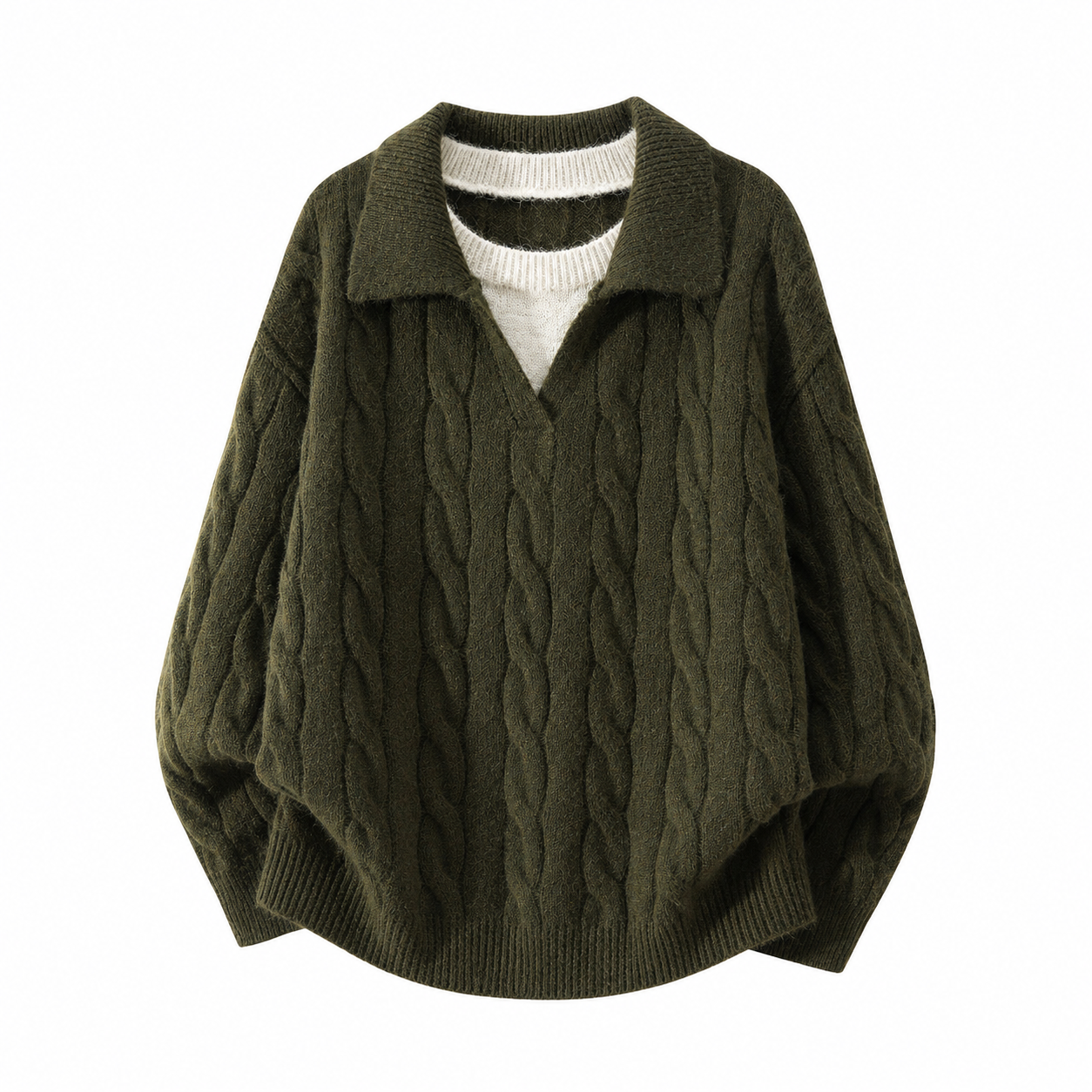 VAREN FORM Cable Knit Open Collar Sweater olive green product front