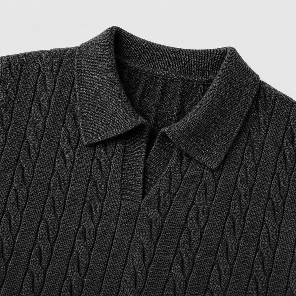 VAREN FORM Cable Knit V-Neck Polo Sweater black cable detail