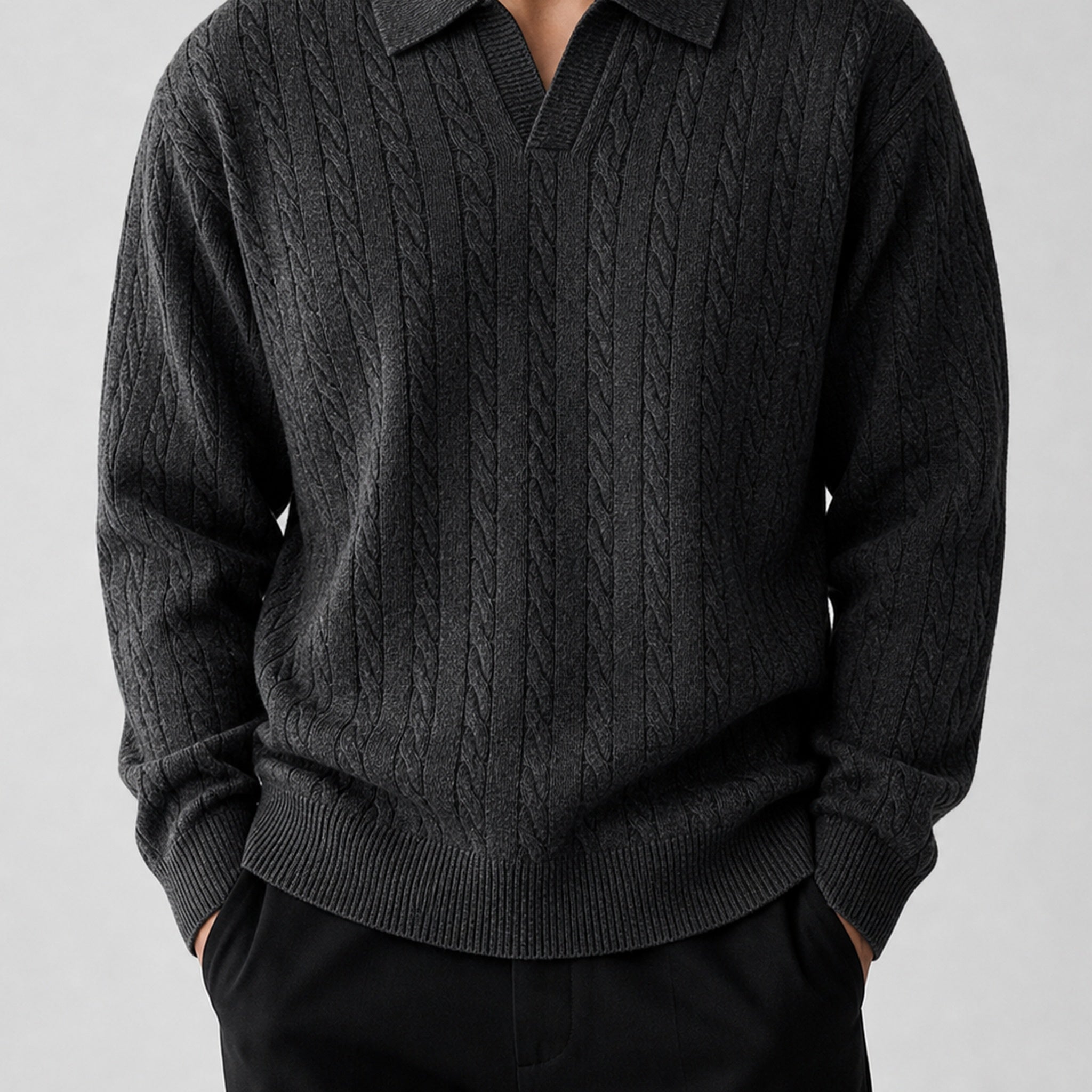 VAREN FORM Cable Knit V-Neck Polo Sweater black model front
