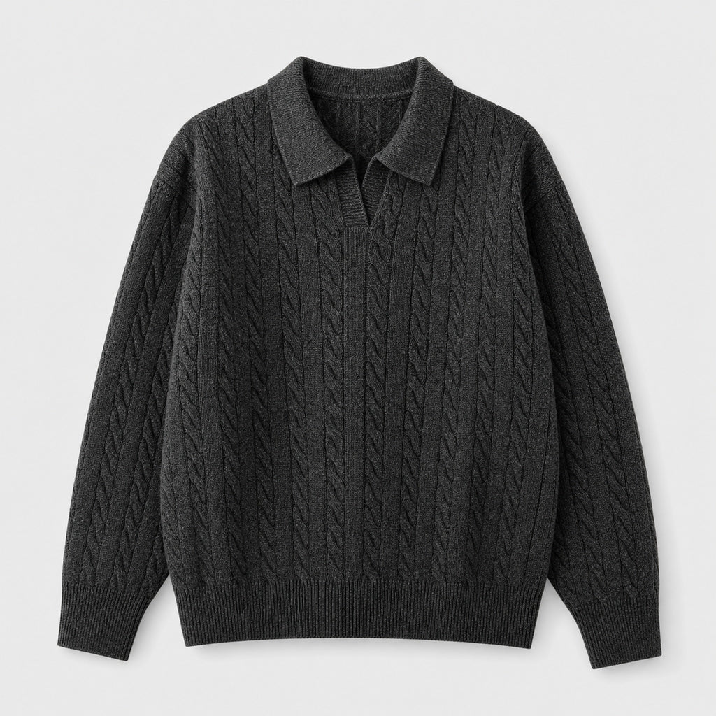 VAREN FORM Cable Knit V-Neck Polo Sweater black product front