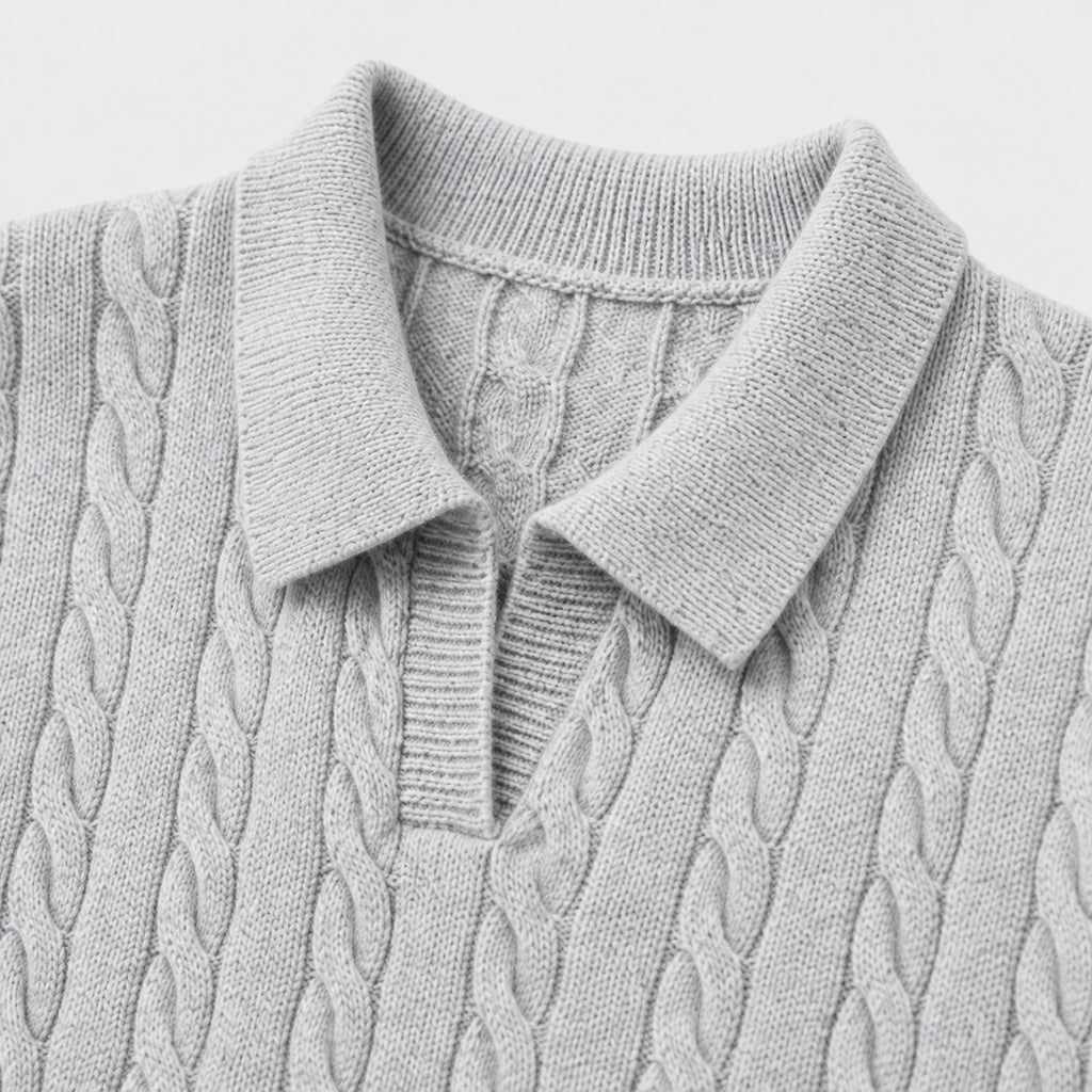 VAREN FORM Cable Knit V-Neck Polo Sweater grey cable detail