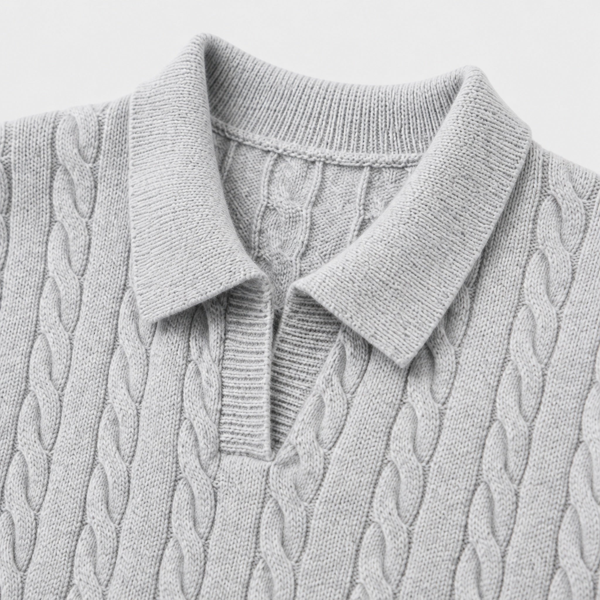 VAREN FORM Cable Knit V-Neck Polo Sweater grey cable detail
