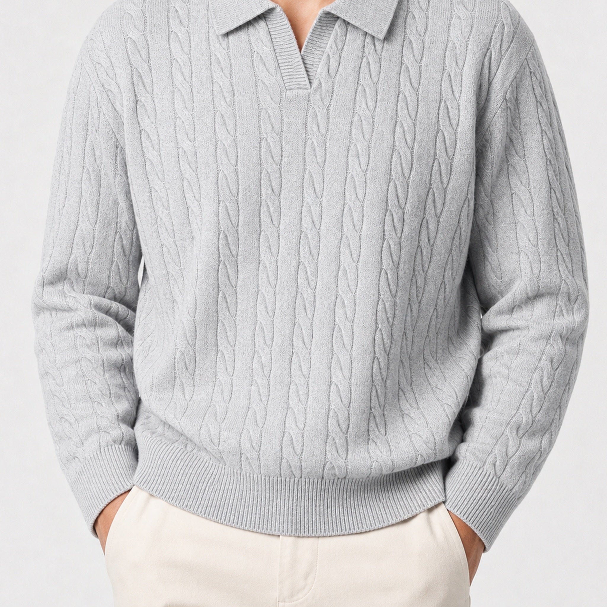 VAREN FORM Cable Knit V-Neck Polo Sweater grey model front