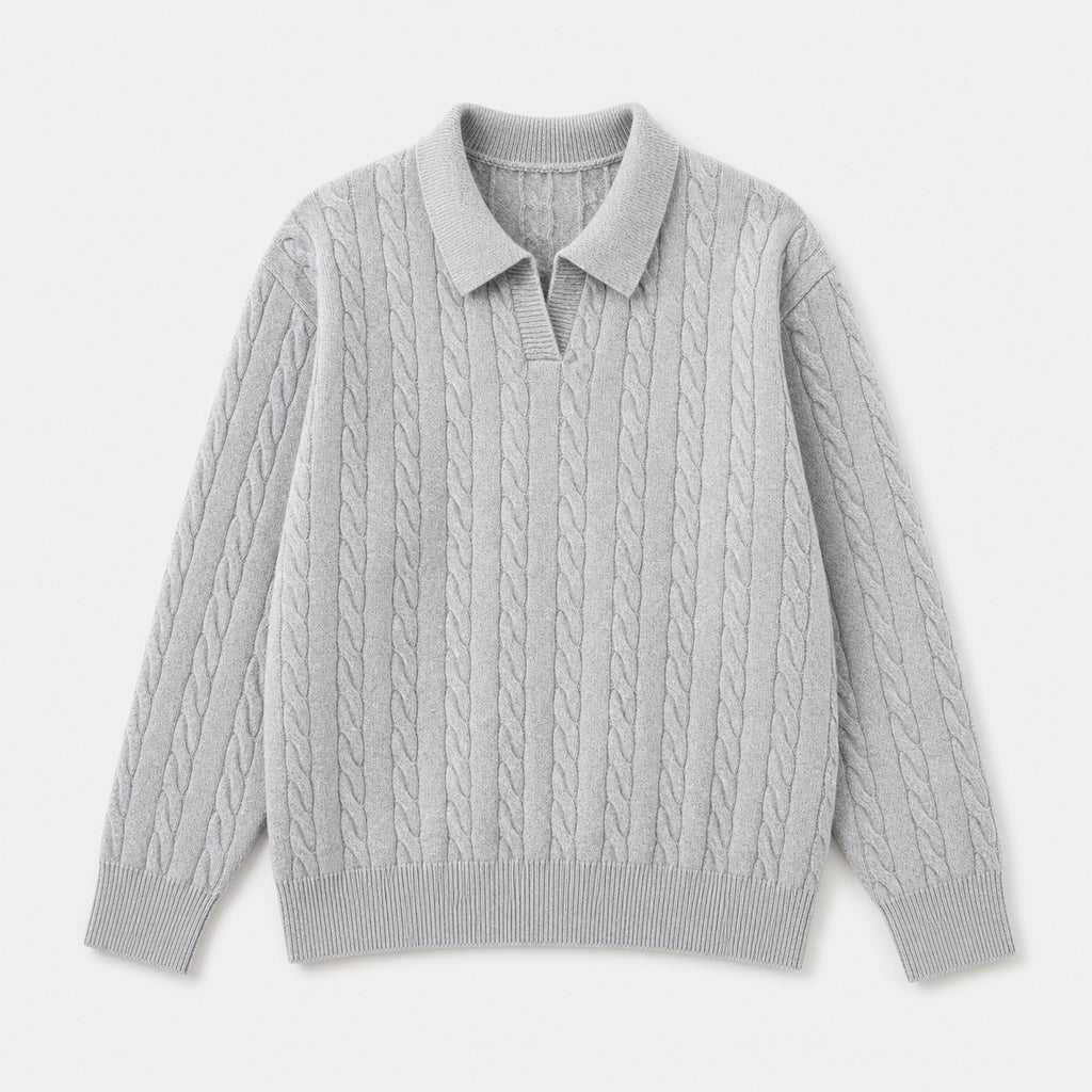 VAREN FORM Cable Knit V-Neck Polo Sweater grey product front
