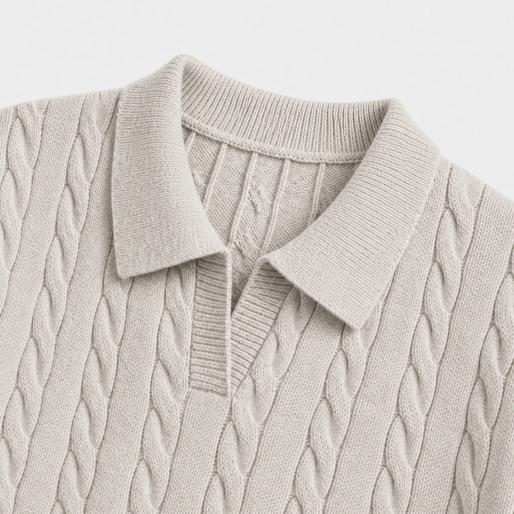 VAREN FORM Cable Knit V-Neck Polo Sweater light grey cable detail