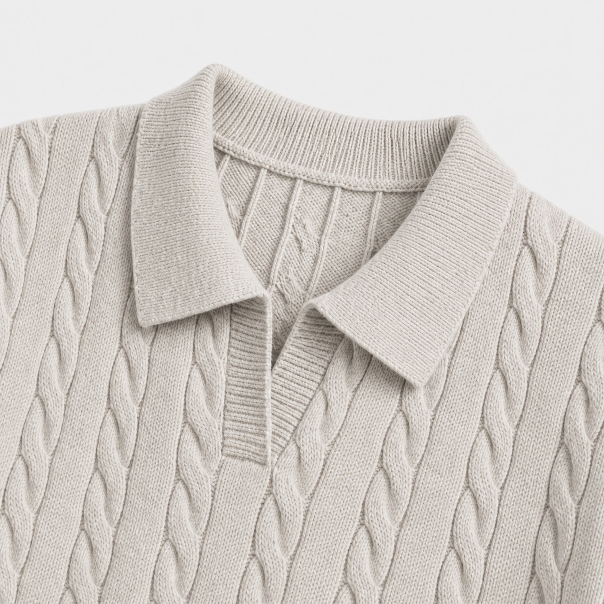 VAREN FORM Cable Knit V-Neck Polo Sweater light grey cable detail