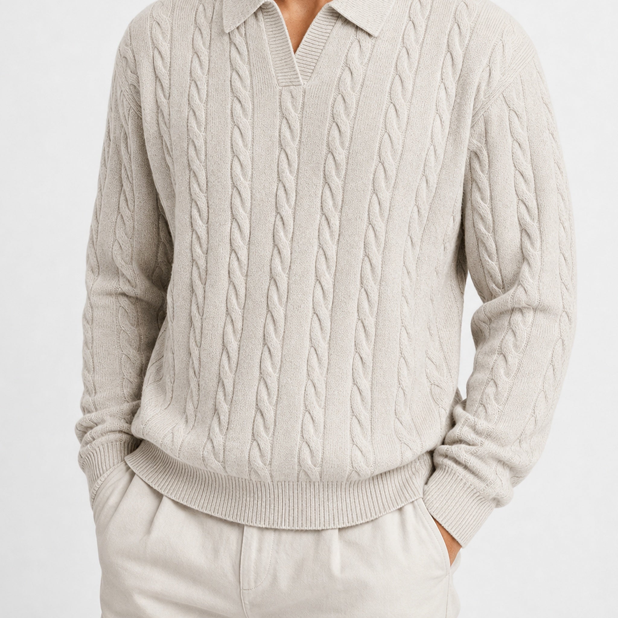 VAREN FORM Cable Knit V-Neck Polo Sweater light grey model front