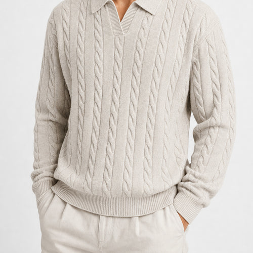 VAREN FORM Cable Knit V-Neck Polo Sweater light grey model front
