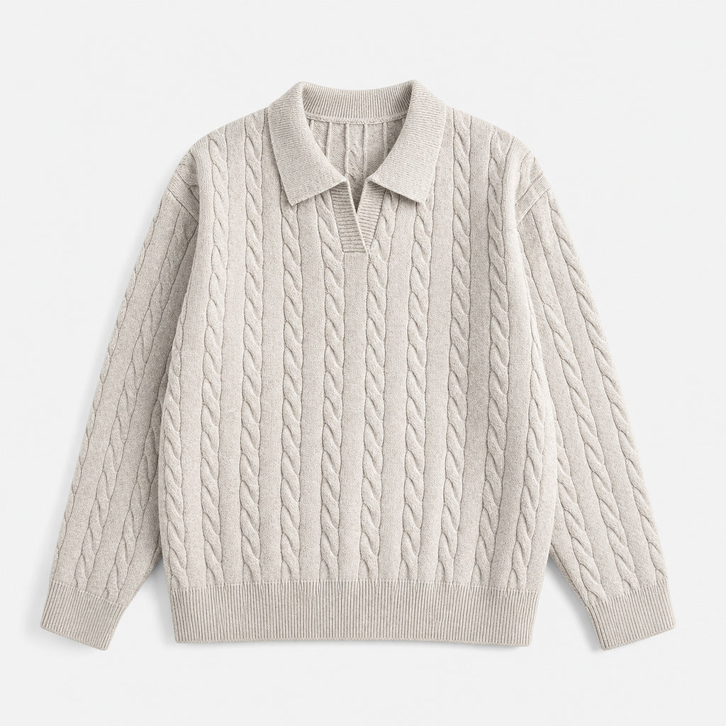 VAREN FORM Cable Knit V-Neck Polo Sweater light grey product front