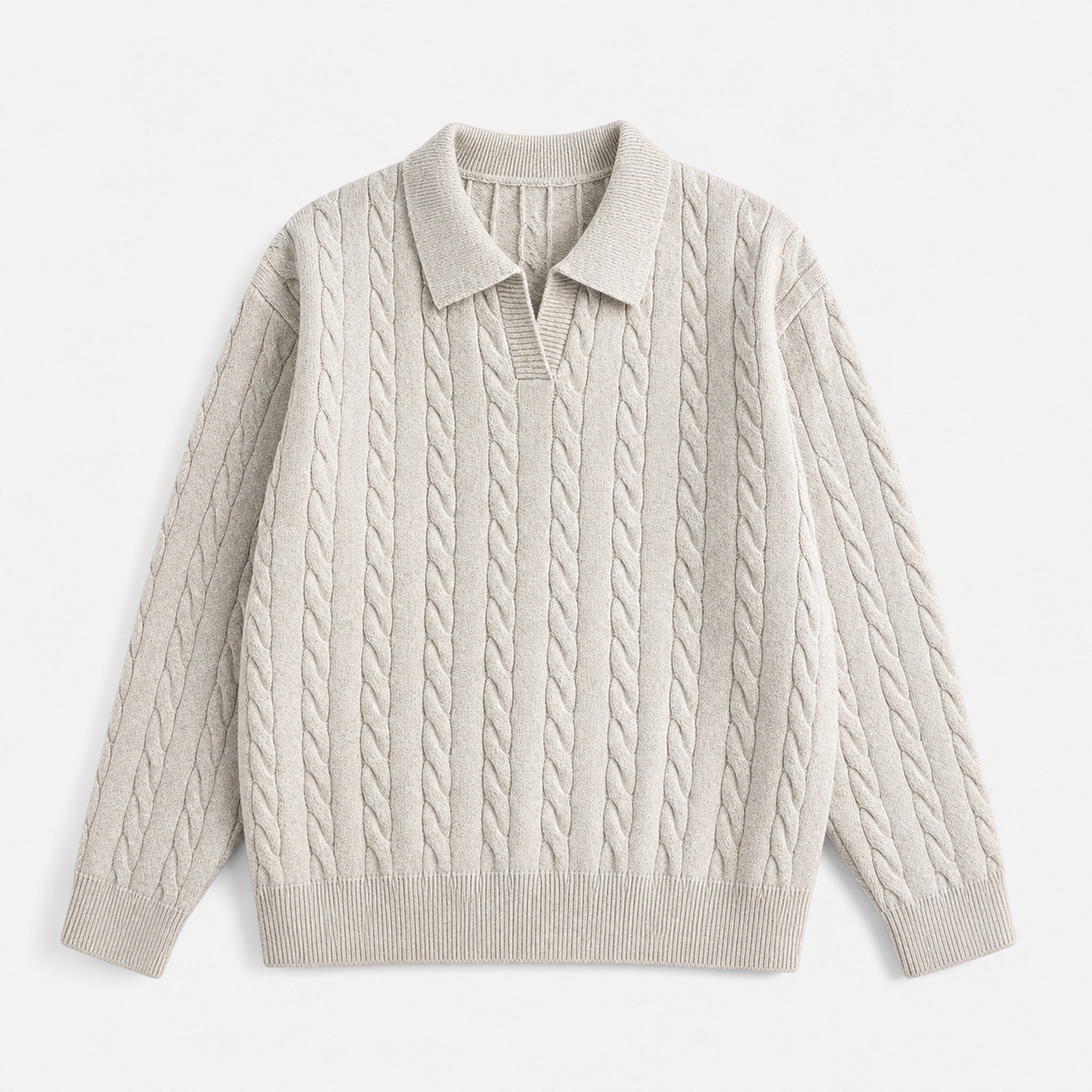 VAREN FORM Cable Knit V-Neck Polo Sweater light grey product front