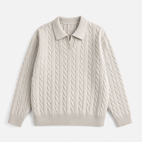 VAREN FORM Cable Knit V-Neck Polo Sweater light grey product front