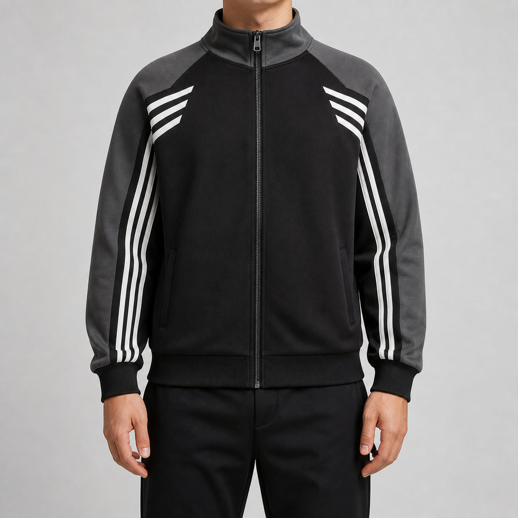 VAREN FORM Colorblock Tape Stand Collar Sweatshirt Jacket black charcoal model front