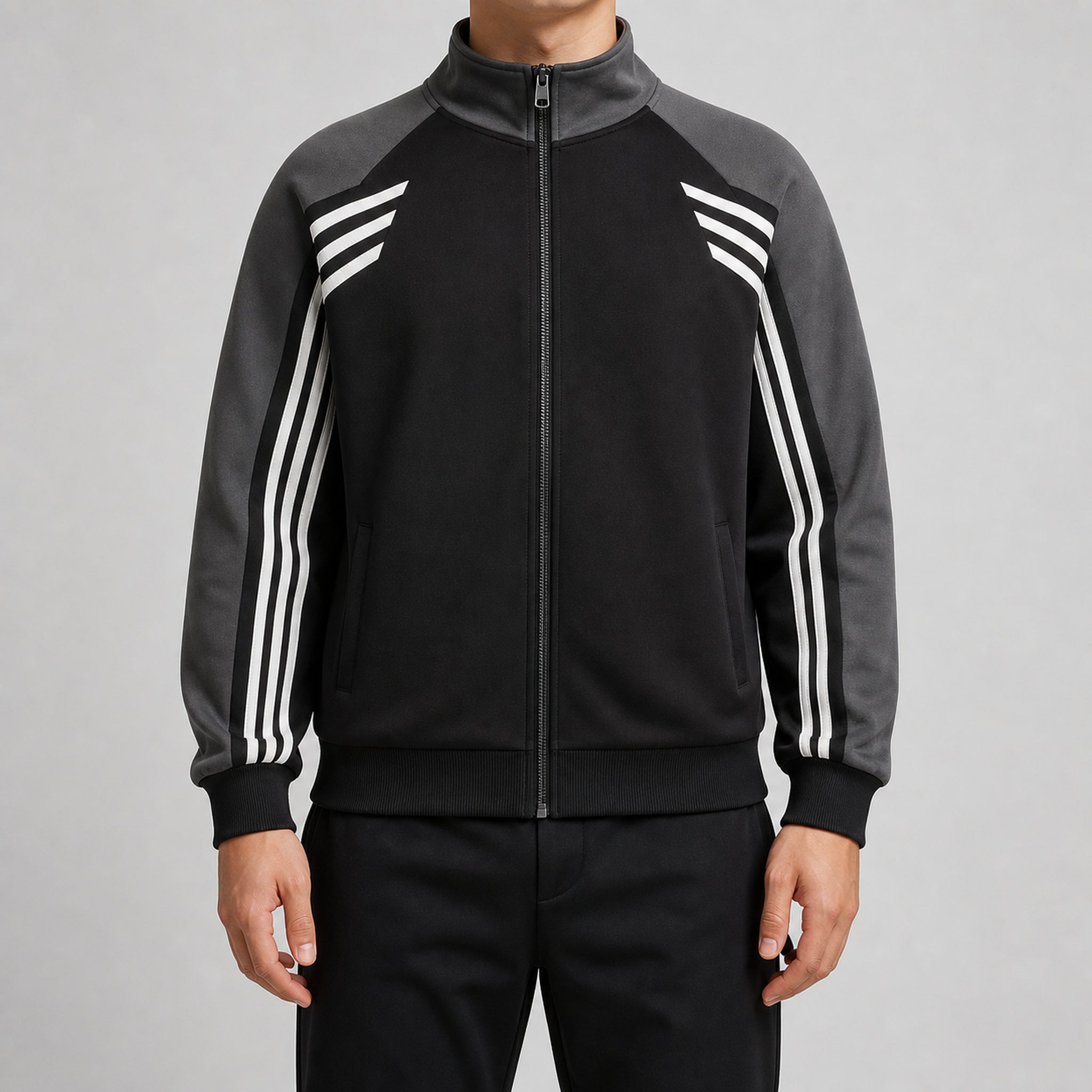 VAREN FORM Colorblock Tape Stand Collar Sweatshirt Jacket black charcoal model front