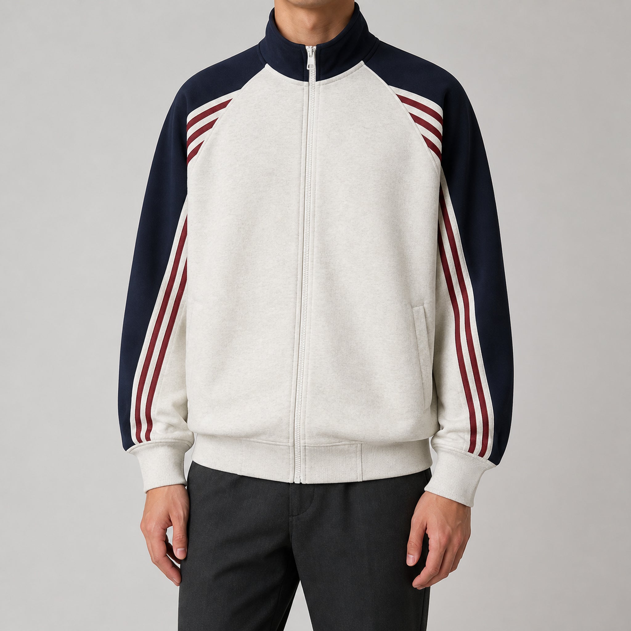 VAREN FORM Colorblock Tape Stand Collar Sweatshirt Jacket ivory navy burgundy model front