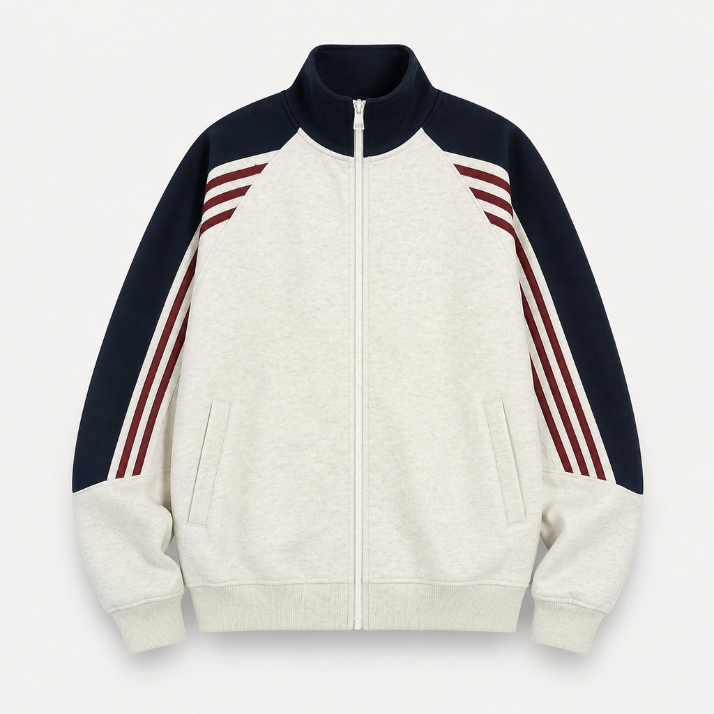 VAREN FORM Colorblock Tape Stand Collar Sweatshirt Jacket ivory navy burgundy product front