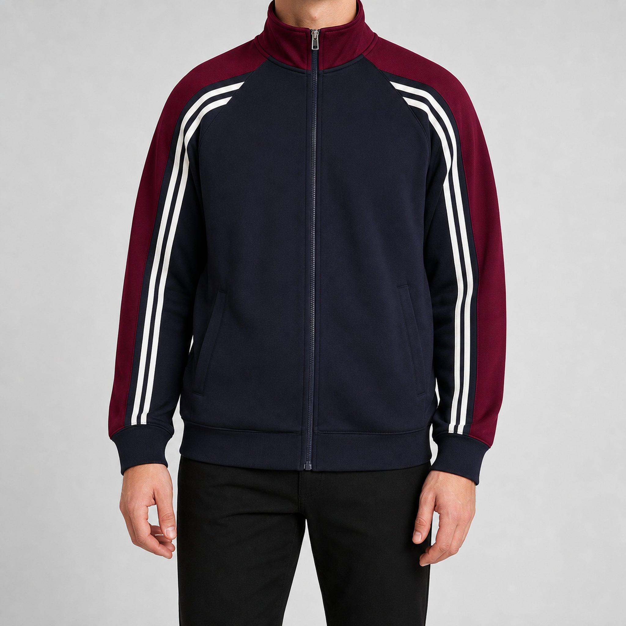 VAREN FORM Colorblock Tape Stand Collar Sweatshirt Jacket navy burgundy model front