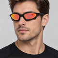 Cyberpunk Mirrored Wraparound Sunglasses - orange/red lens worn view