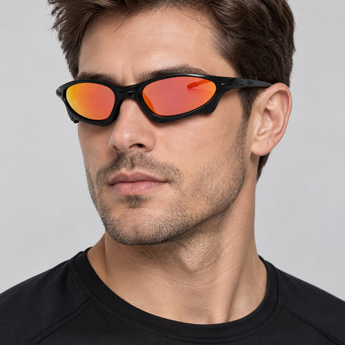 Cyberpunk Mirrored Wraparound Sunglasses - orange/red lens worn view