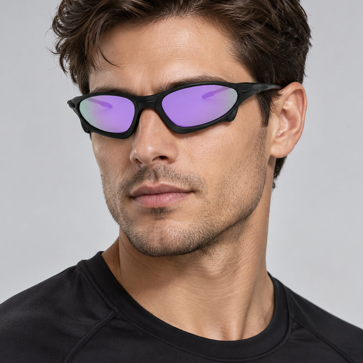Cyberpunk Mirrored Wraparound Sunglasses - purple lens worn view