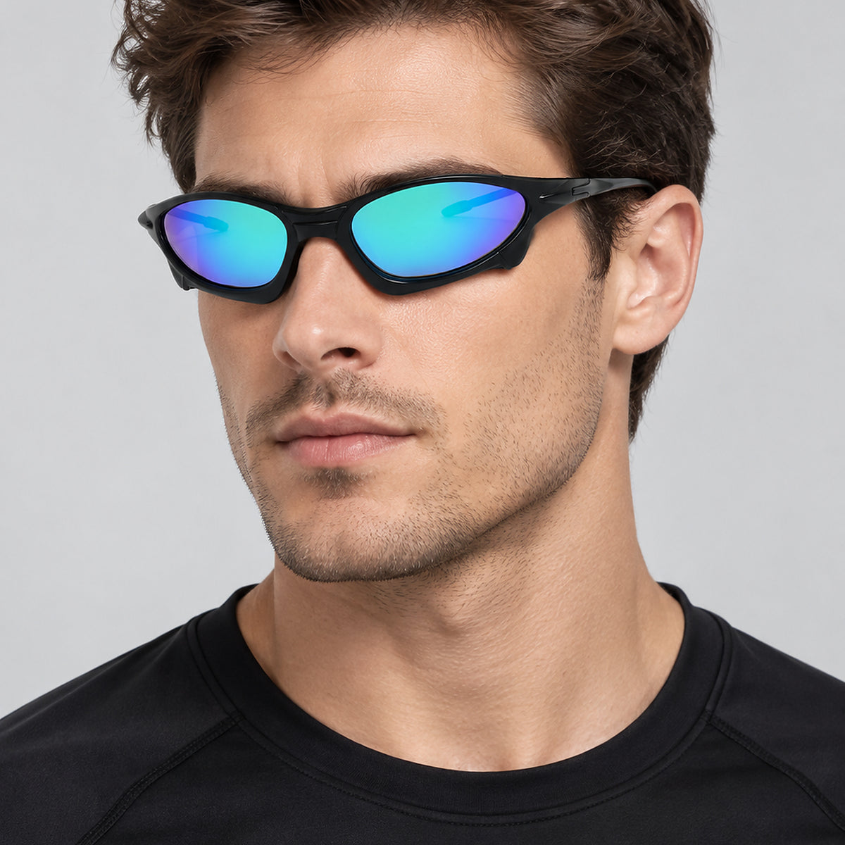 Cyberpunk Mirrored Wraparound Sunglasses - blue/purple lens worn view