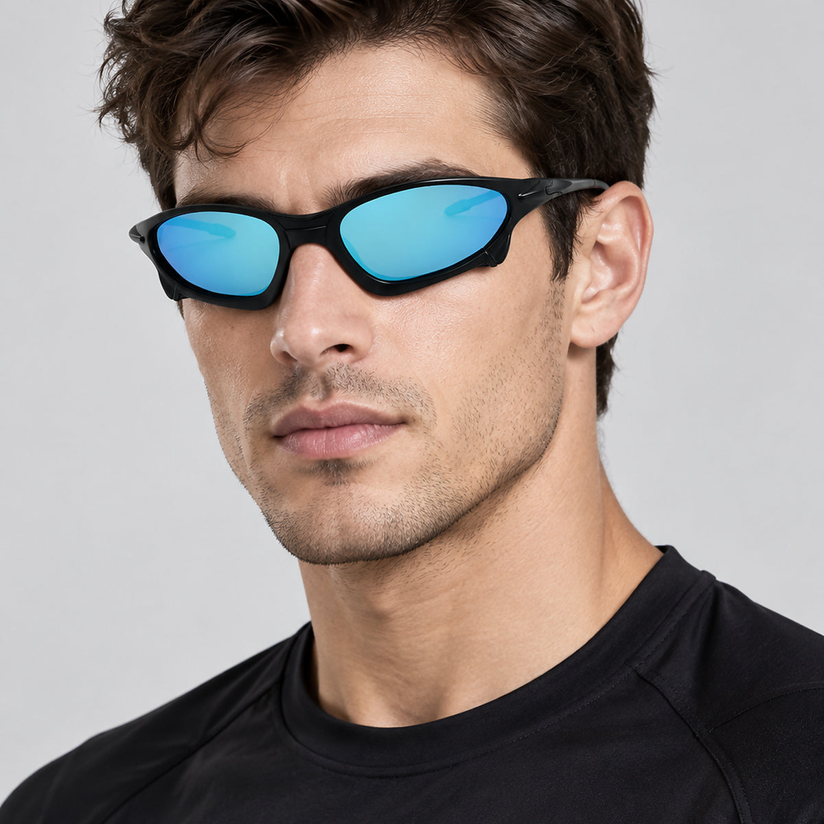 Cyberpunk Mirrored Wraparound Sunglasses - teal/blue lens worn view