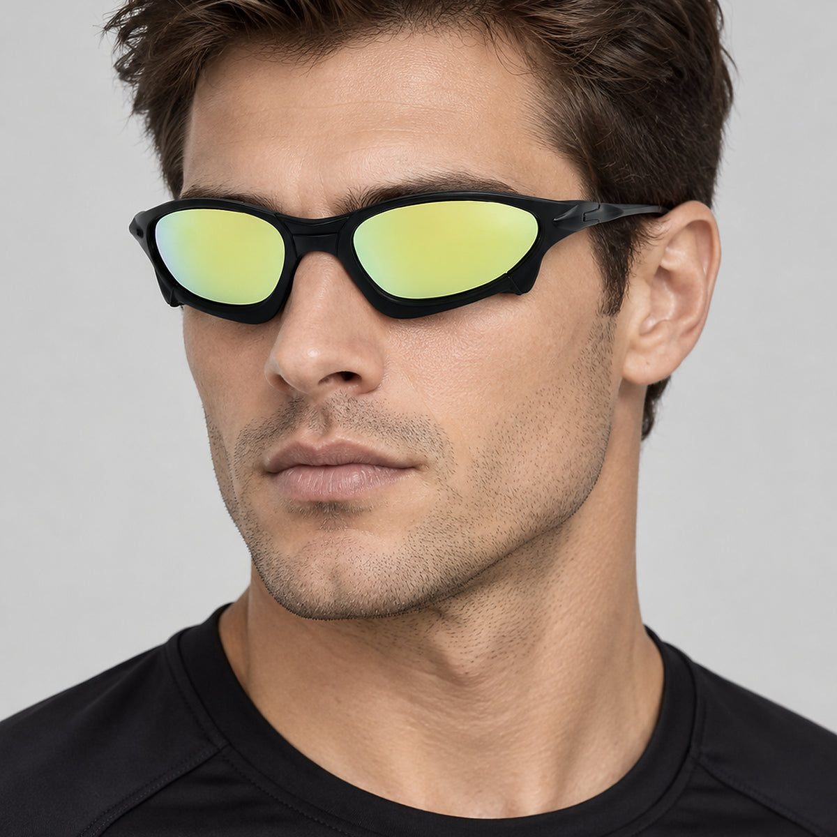 Cyberpunk Mirrored Wraparound Sunglasses - yellow/green lens worn view