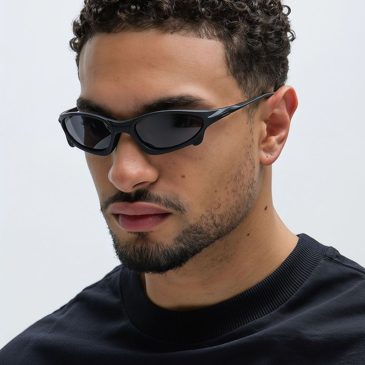 Cyberpunk Mirrored Wraparound Sunglasses - black lens worn view