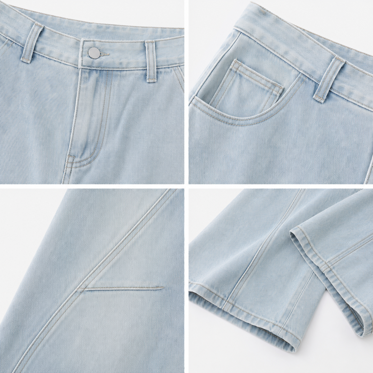 VAREN FORM Deconstructed Curved Wide-Leg Jeans light blue wash detail grid
