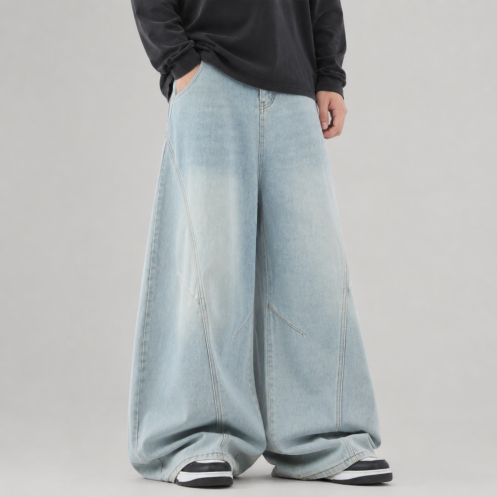 VAREN FORM Deconstructed Curved Wide-Leg Jeans light blue wash model front