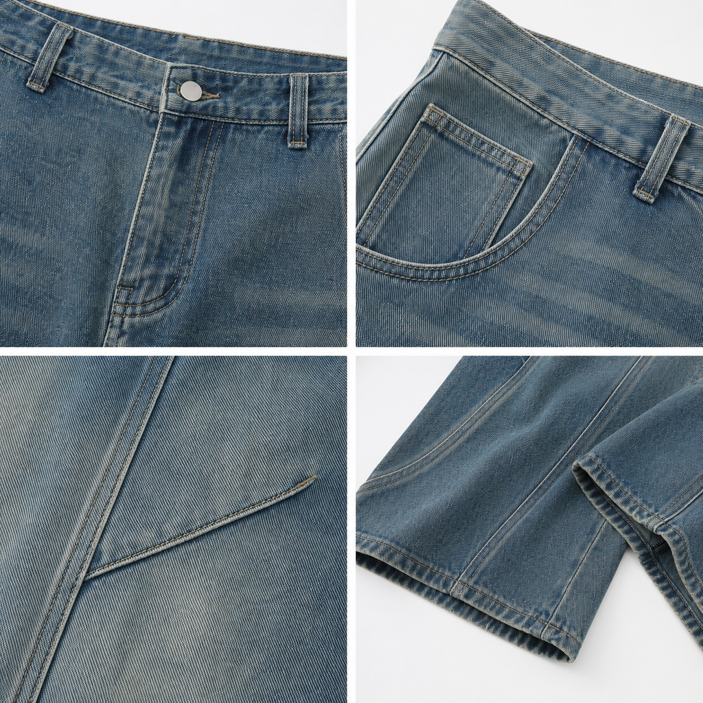 VAREN FORM Deconstructed Curved Wide-Leg Jeans washed black denim detail grid