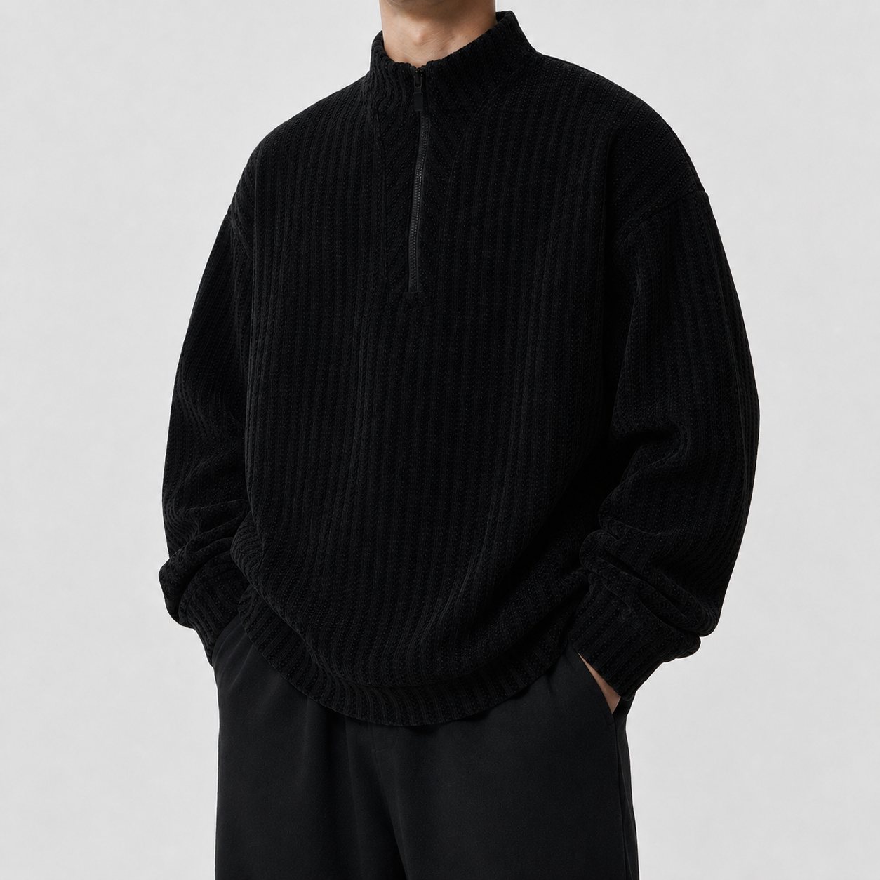 VAREN FORM Deconstructed Half-Zip Oversized Sweatshirt black model front