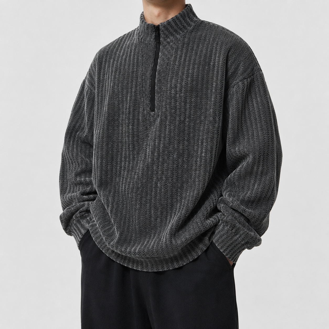 VAREN FORM Deconstructed Half-Zip Oversized Sweatshirt washed charcoal model front