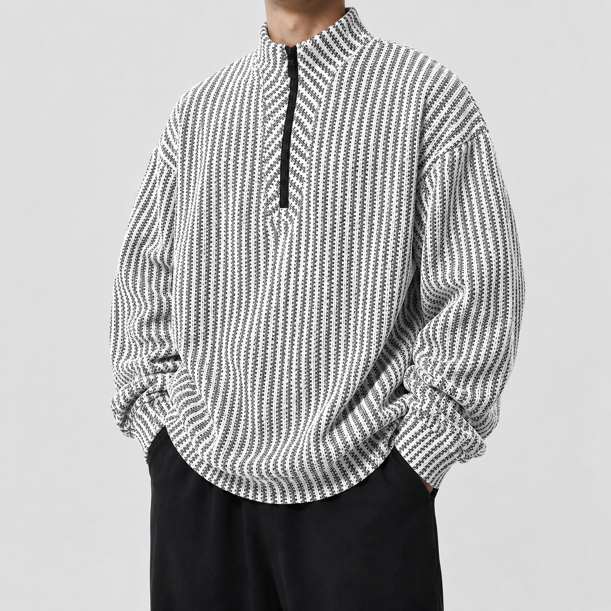 VAREN FORM Deconstructed Half-Zip Oversized Sweatshirt white black stripe model front