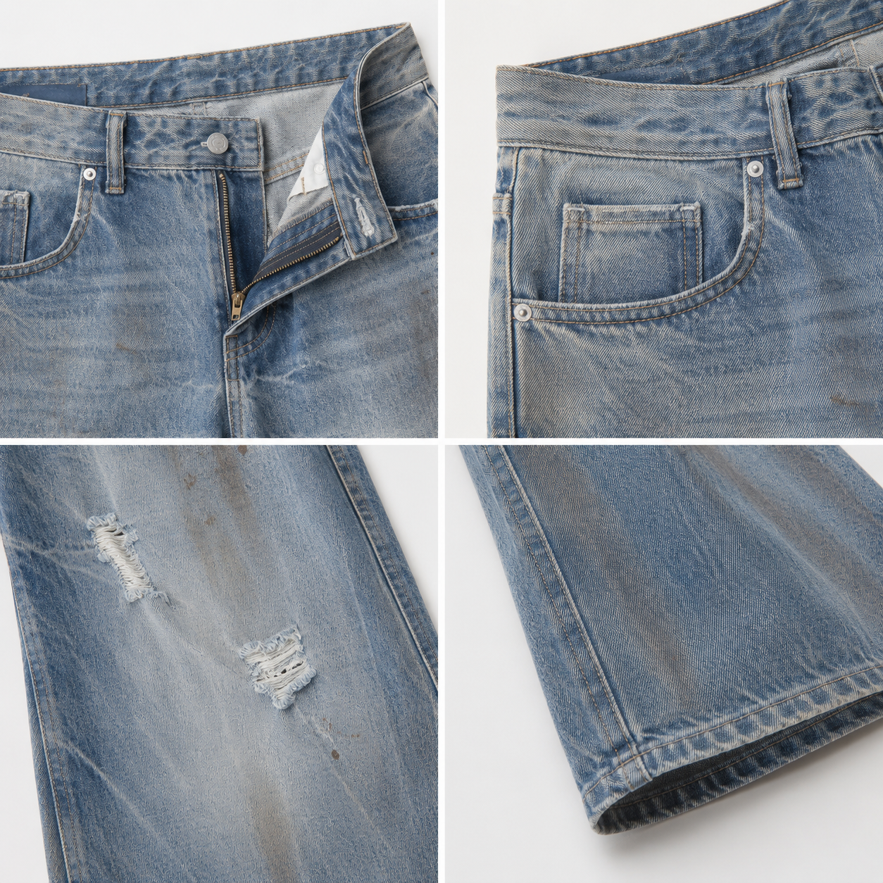 VAREN FORM Distressed Washed Wide-Leg Jeans blue denim detail grid