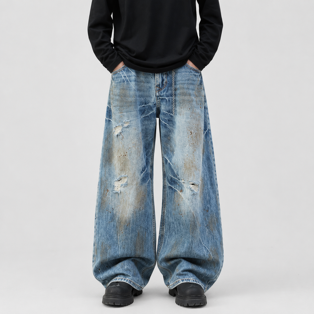 VAREN FORM Distressed Washed Wide-Leg Jeans blue wash model front