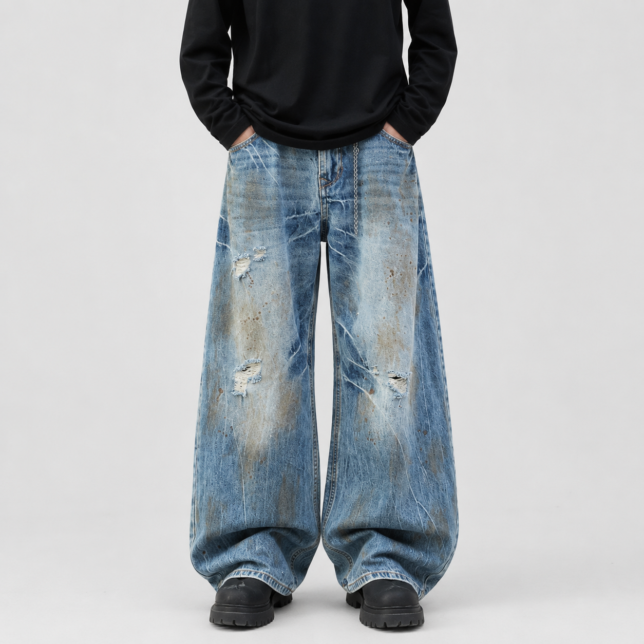 VAREN FORM Distressed Washed Wide-Leg Jeans blue wash model front