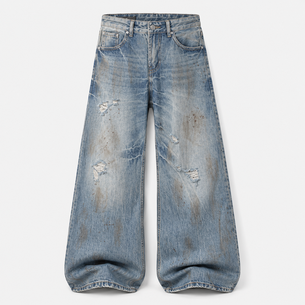 VAREN FORM Distressed Washed Wide-Leg Jeans blue wash product front