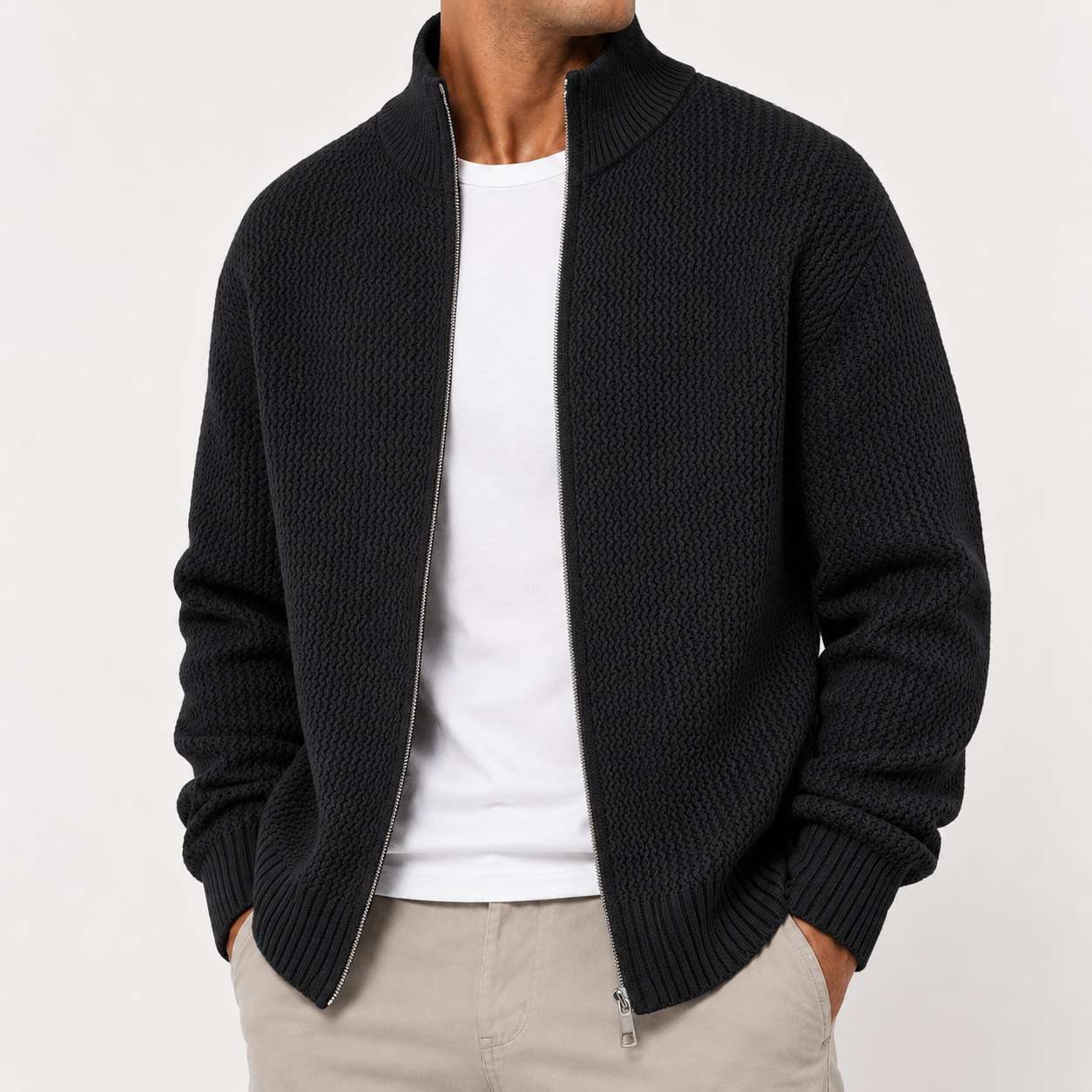 VAREN FORM Double-Zip Stand Collar Knit Cardigan black model front