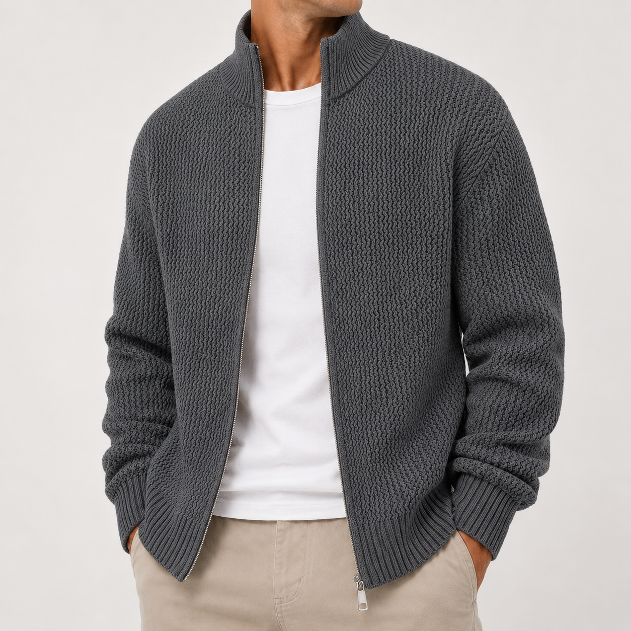 VAREN FORM Double-Zip Stand Collar Knit Cardigan charcoal grey model front