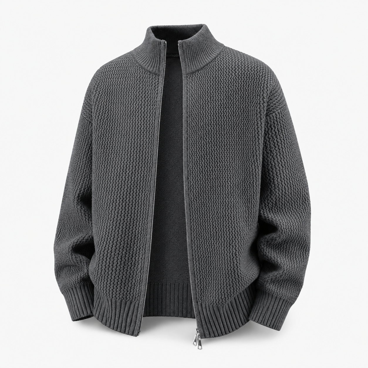 VAREN FORM Double-Zip Stand Collar Knit Cardigan charcoal grey product front