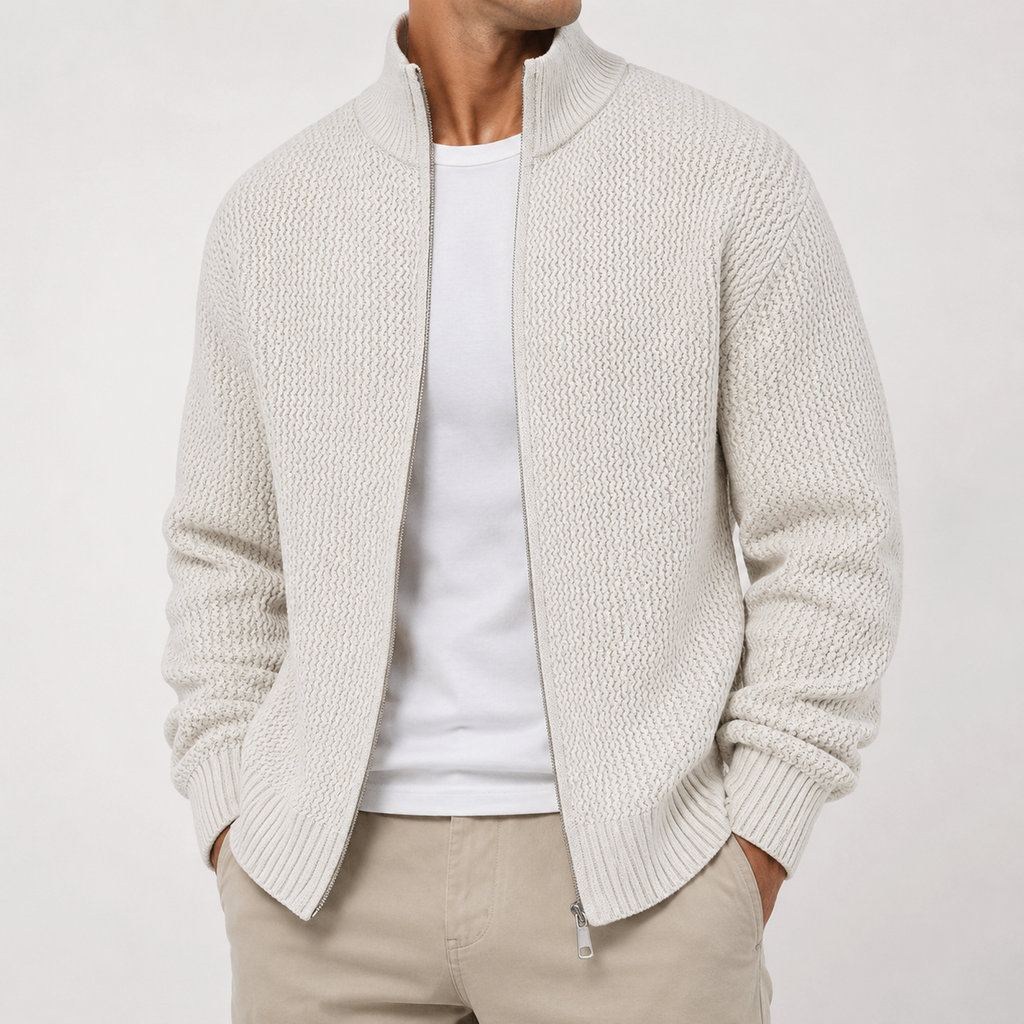 VAREN FORM Double-Zip Stand Collar Knit Cardigan ivory model front