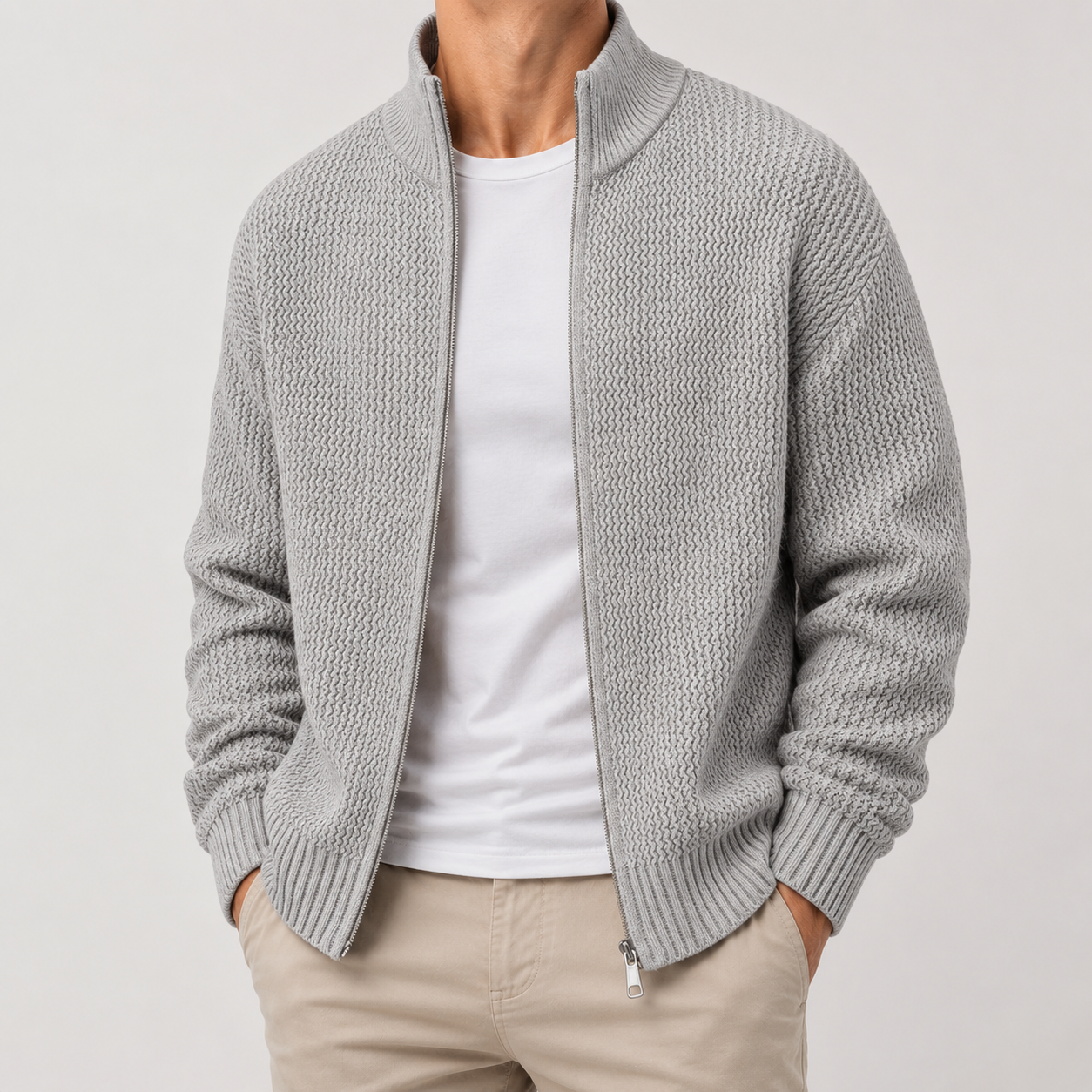 VAREN FORM Double-Zip Stand Collar Knit Cardigan light grey model front