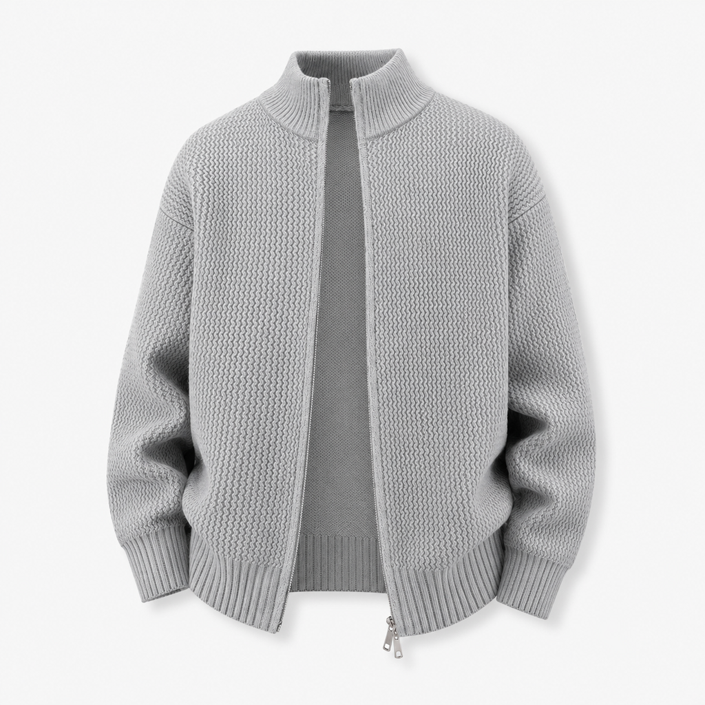 VAREN FORM Double-Zip Stand Collar Knit Cardigan light grey product front