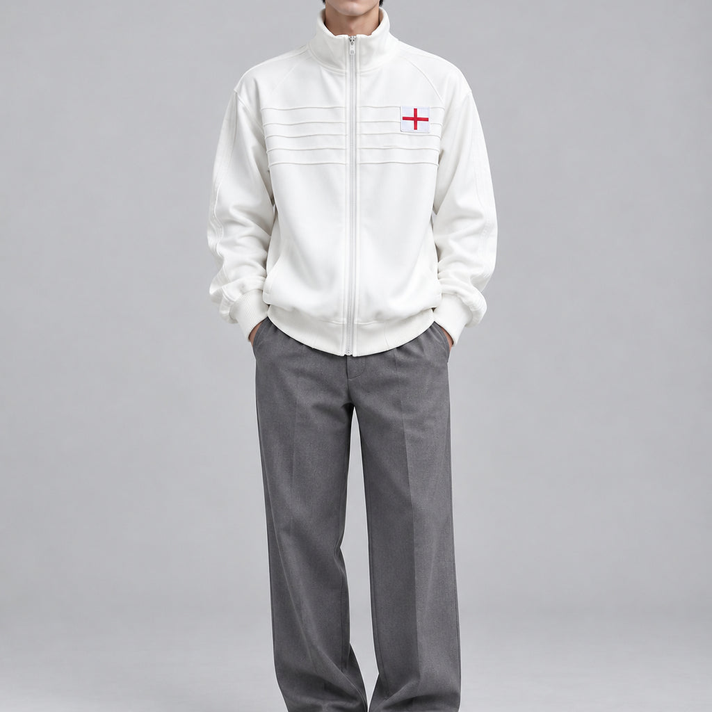 Embroidered Track Jacket with Stand Collar - white worn view