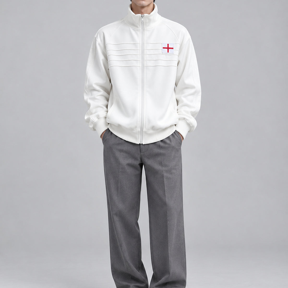 Embroidered Track Jacket with Stand Collar - white worn view