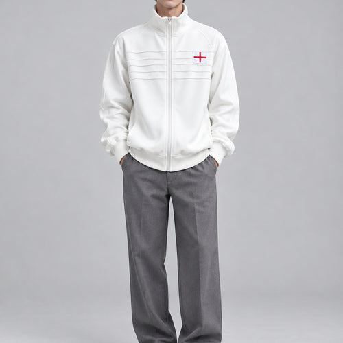 Embroidered Track Jacket with Stand Collar - white worn view